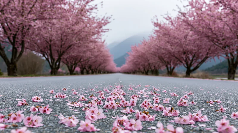 Empty two-lane asphalt road lined with blooming trees