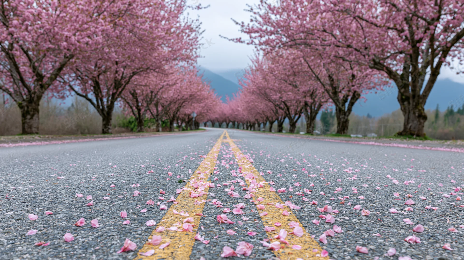 Two-lane asphalt road lined with blooming cherry trees and scattered pink petals under overcast sky