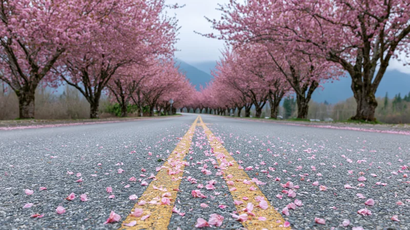 Two-lane asphalt road lined with blooming cherry trees and scattered pink petals under overcast sky