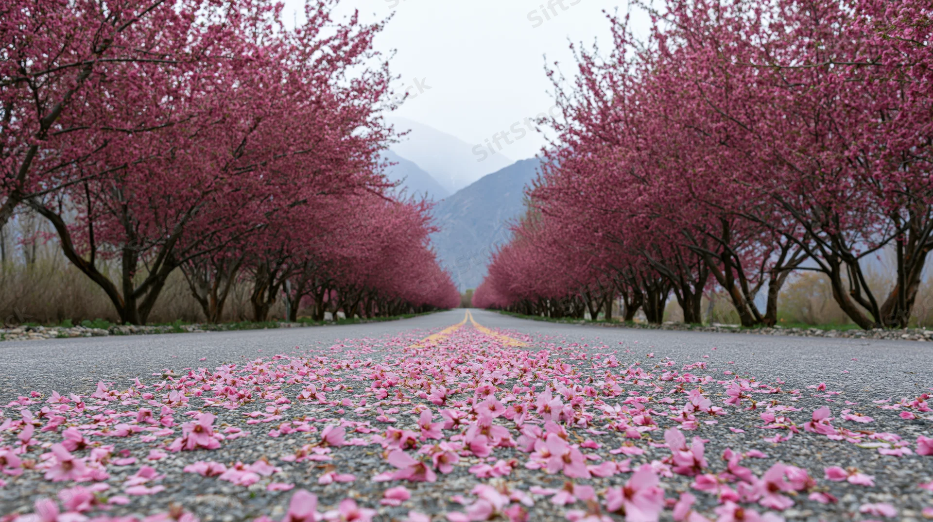 Asphalt road lined with blooming cherry trees and scattered pink petals leading toward misty mountains