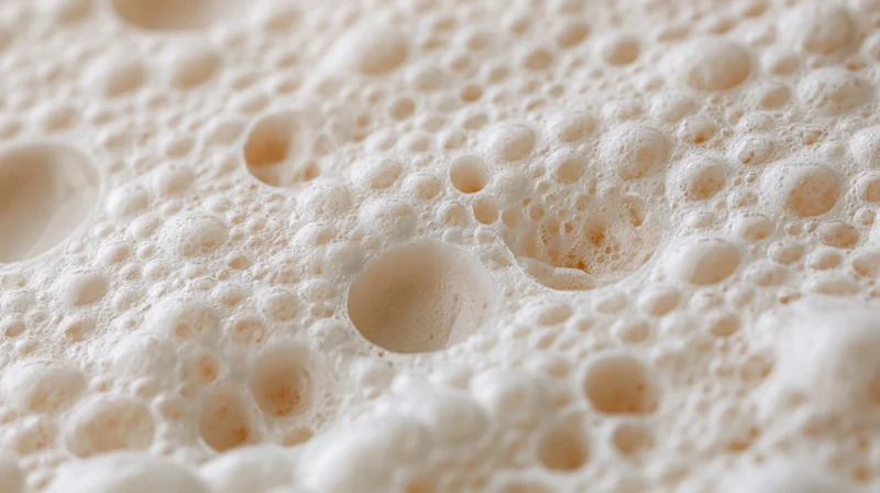 Close-up of milk foam surface with bubbles and froth