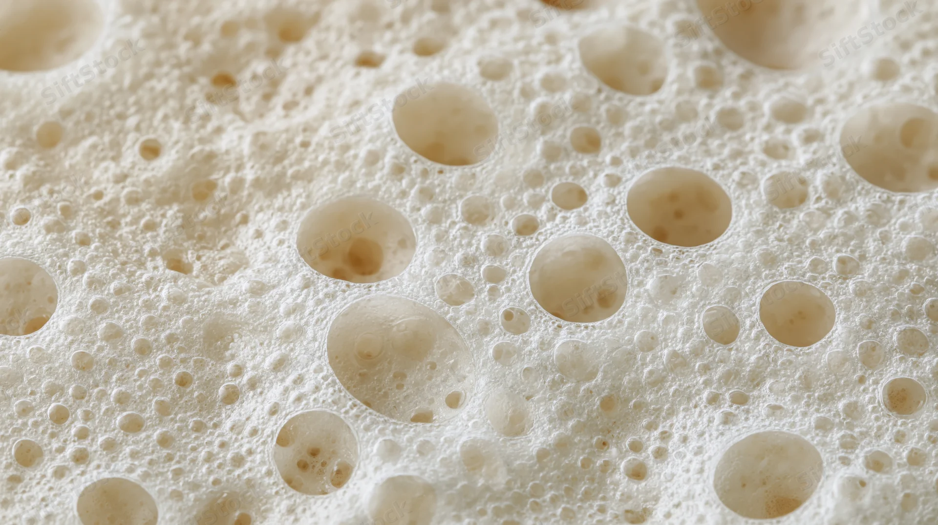 Closeup of milk foam surface with bubbles and texture
