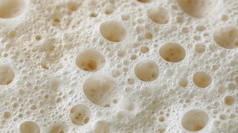 Closeup of milk foam surface with bubbles and texture