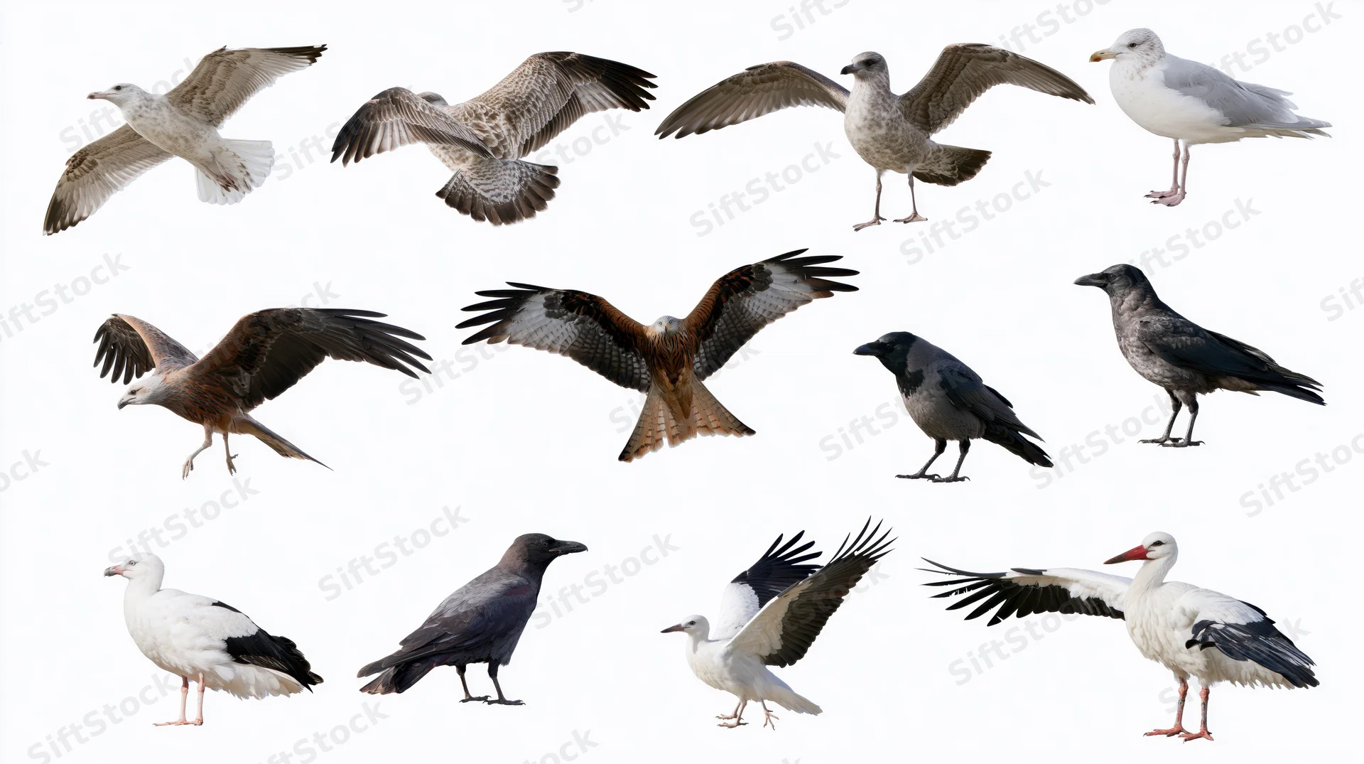 Fifteen birds in various poses including flying and standing isolated on white background