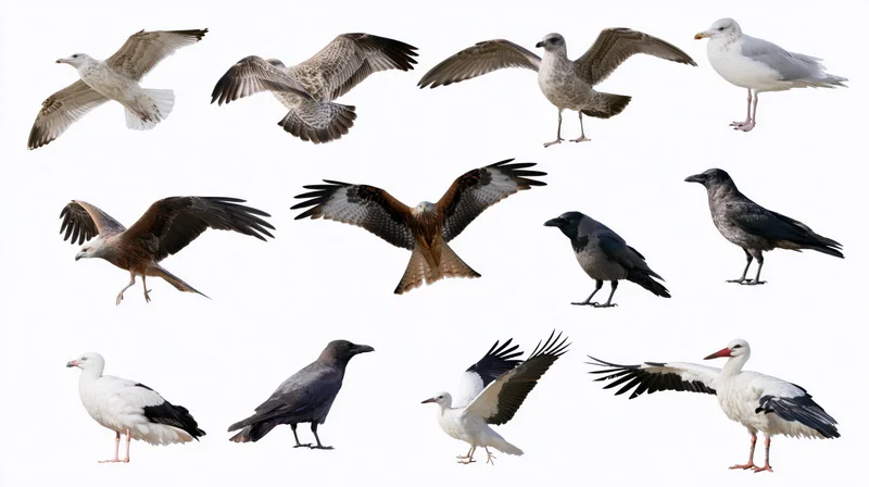 Fifteen birds in various poses including flying and standing isolated on white background
