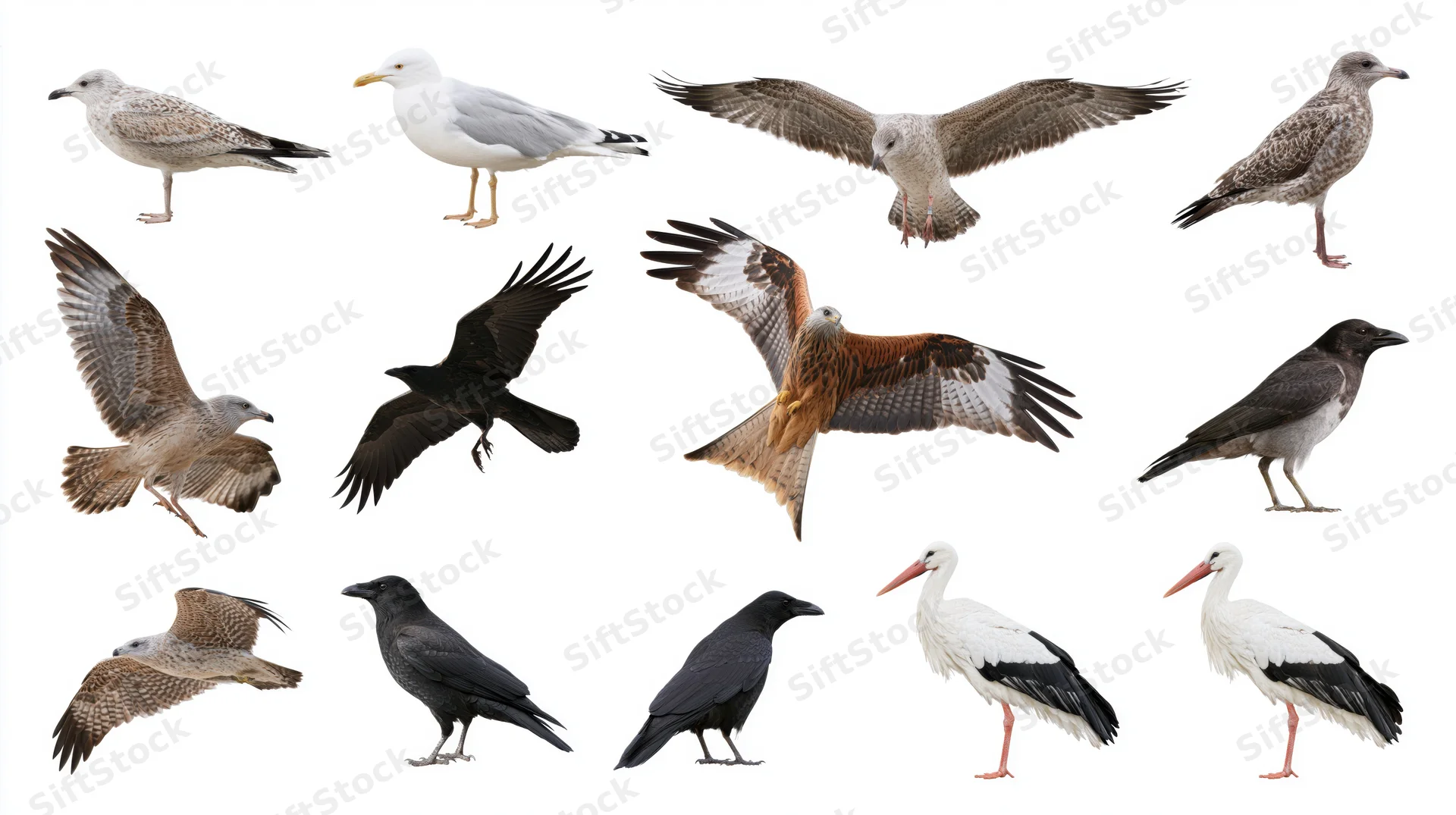 Fifteen birds in various poses including flight and standing isolated on white background