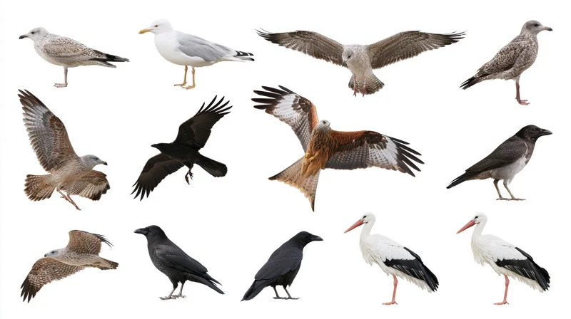 Fifteen birds in various poses including flight and standing isolated on white background