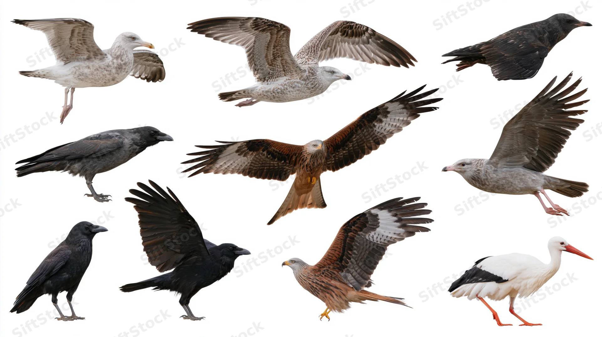 Multiple birds in various poses and species shown on white background for identification reference