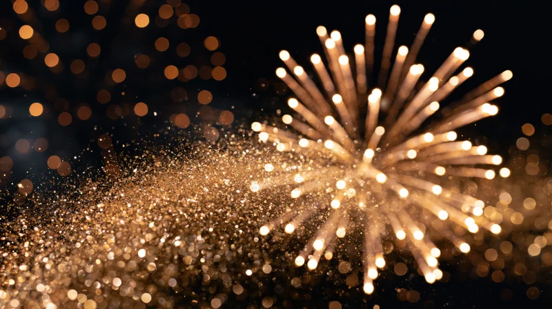 Fireworks bursting in dark night sky with golden sparkles and bokeh lights