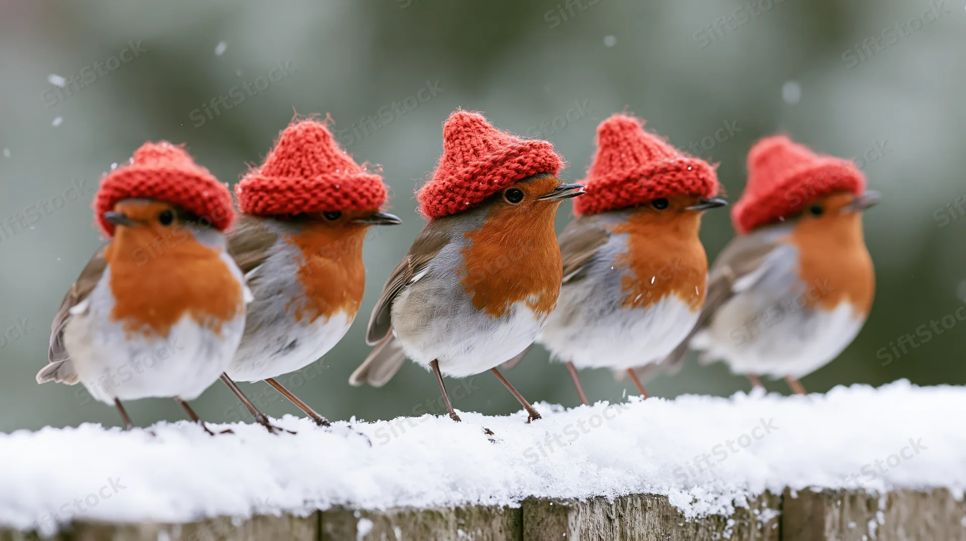 Five european robins wearing tiny red knitted hats perched on a snow-covered wooden fence