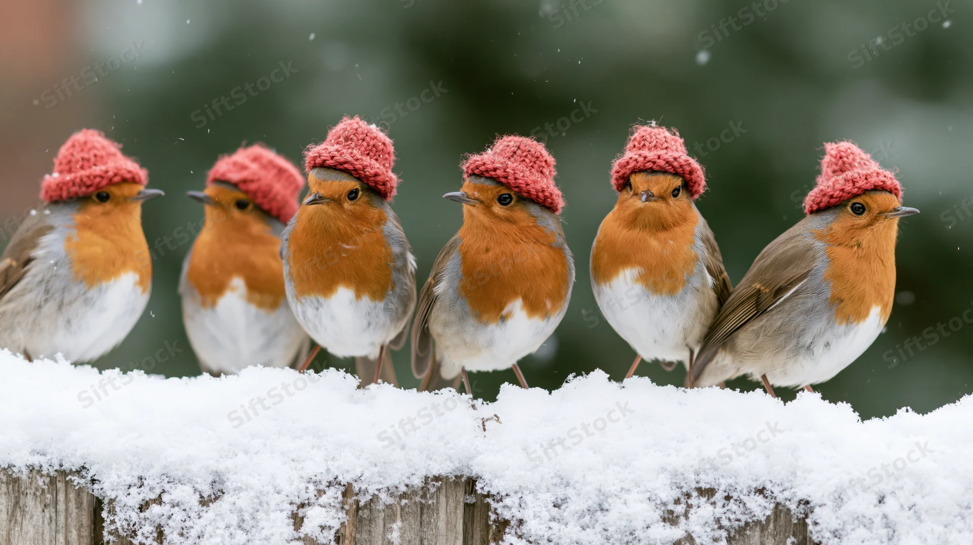 Six european robins wearing tiny knitted red santa hats perched on a snow-covered wooden fence