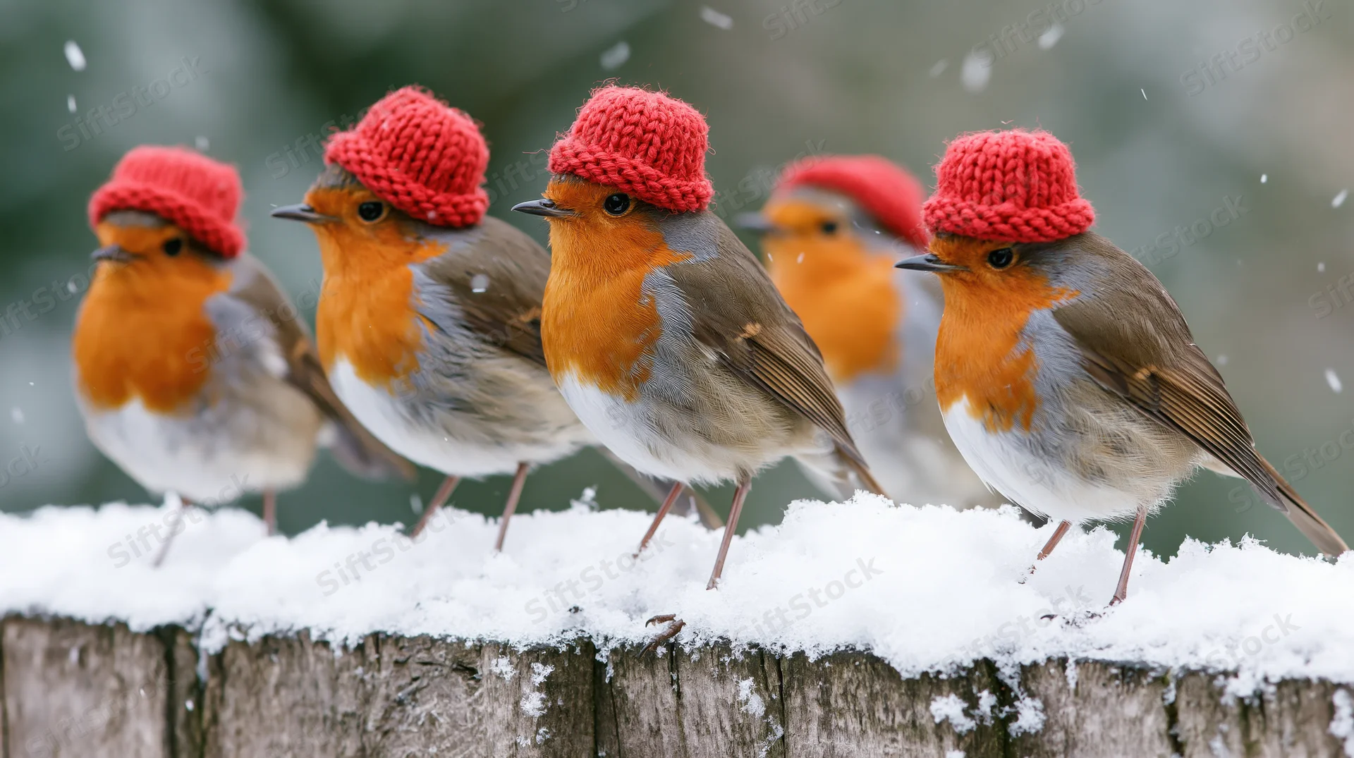 Five european robins wearing tiny knitted red santa hats perched on a snow-covered wooden fence in winter