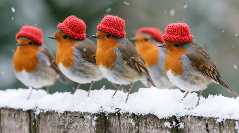 Five european robins wearing tiny knitted red santa hats perched on a snow-covered wooden fence in winter