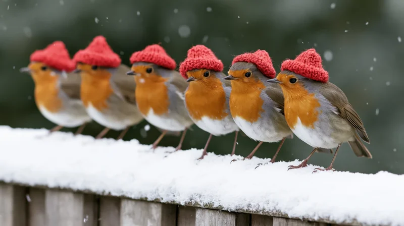 Five european robins wearing tiny knitted red santa hats perched in a row on a snow-covered wooden fence