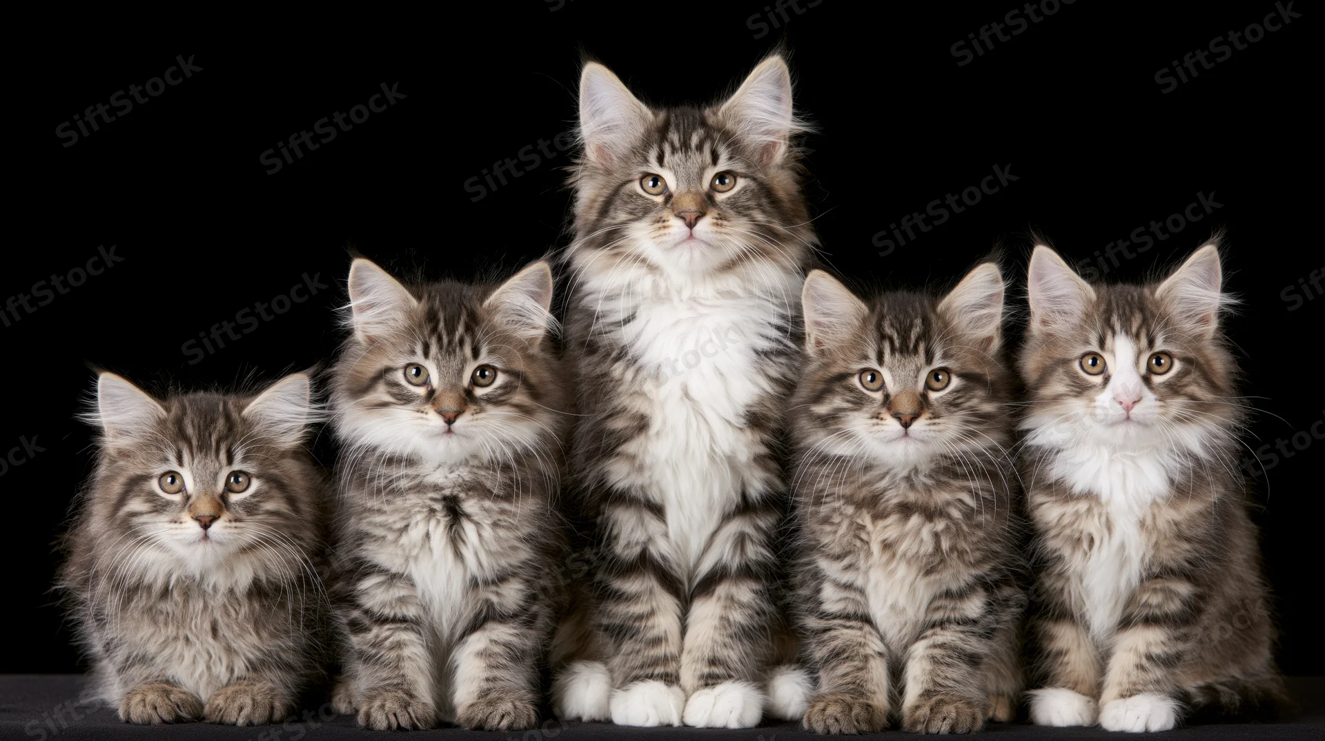 Five norwegian forest cat kittens sitting in a row facing forward against black background