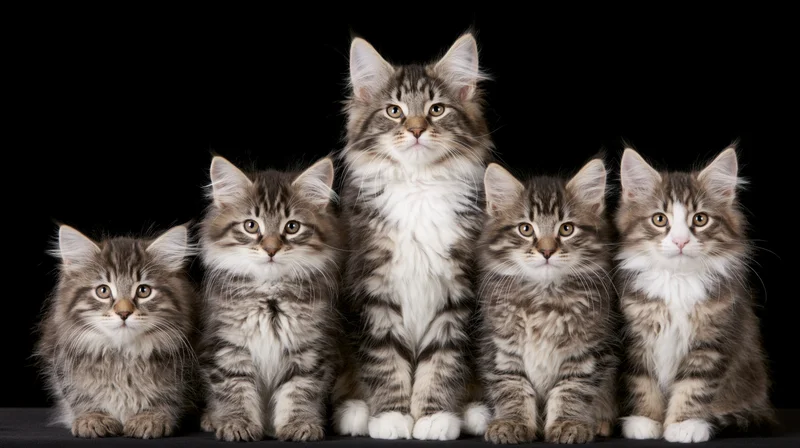 Five norwegian forest cat kittens sitting in a row facing forward against black background