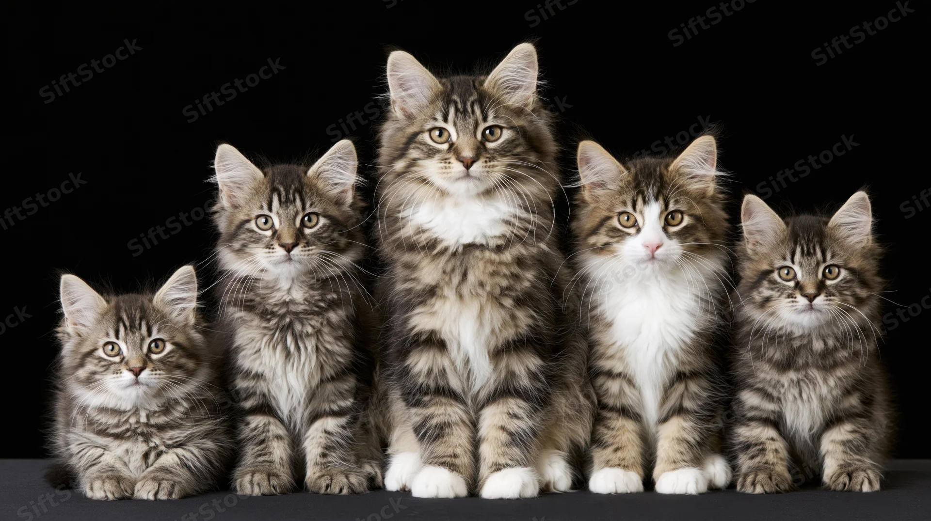 Five norwegian forest cat kittens sitting in a row facing forward against a black background