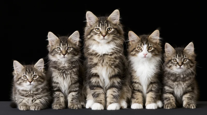 Five norwegian forest cat kittens sitting in a row facing forward against a black background