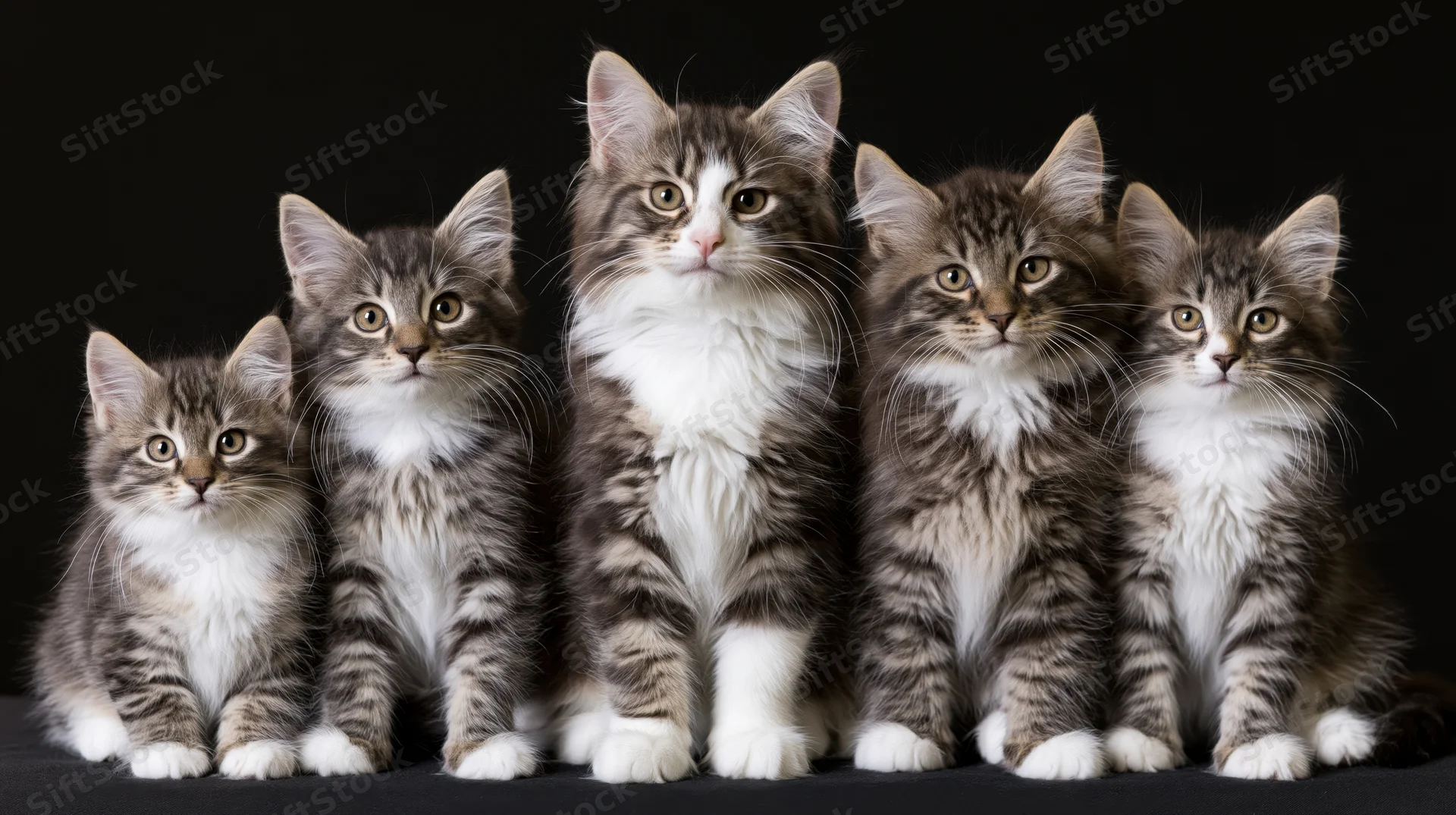 Five norwegian forest cat kittens sitting in a row facing forward on black background