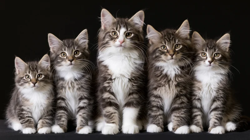 Five norwegian forest cat kittens sitting in a row facing forward on black background