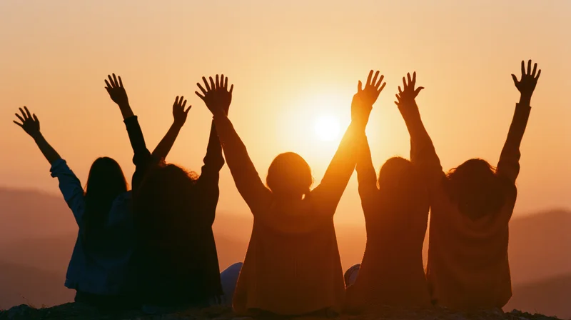 Five friends sitting on a hilltop with arms raised at sunset