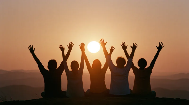 Five friends sitting on a hilltop with arms raised toward the sunset