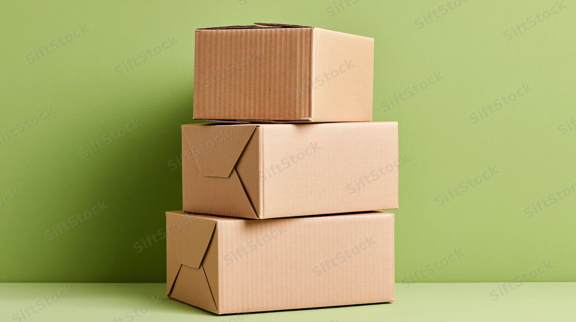 Three cardboard boxes stacked in a pyramid on a green surface