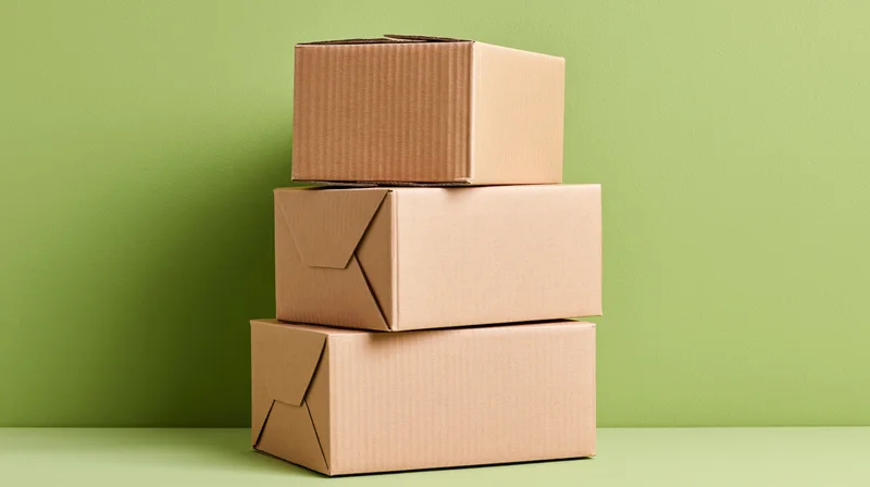 Three cardboard boxes stacked in a pyramid on a green surface