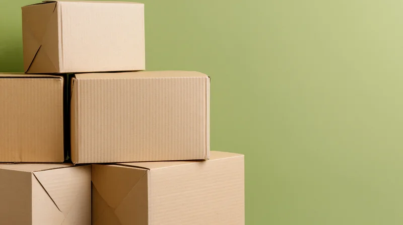 Stacked cardboard shipping boxes arranged in a pyramid shape against a green background