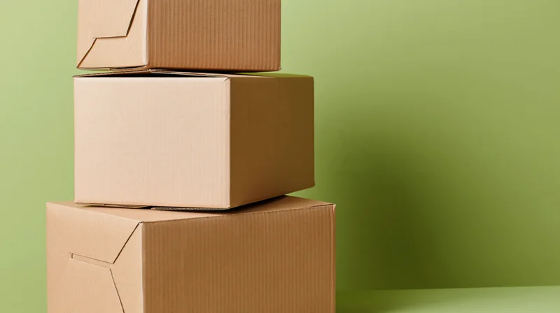 Three cardboard boxes stacked in a pyramid shape against a green background