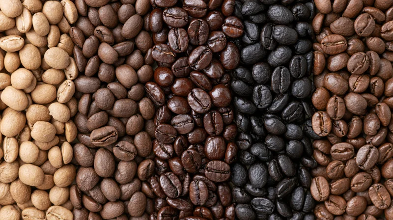 Five vertical columns of coffee beans arranged side by side showing different roast levels from unroasted to dark roast