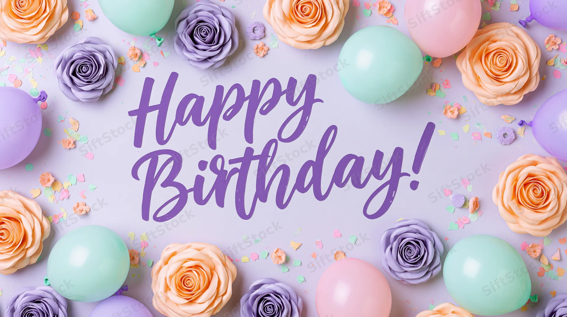 Flat lay birthday greeting card with happy birthday text surrounded by roses, balloons and confetti