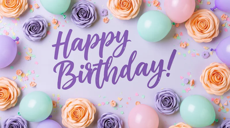 Flat lay birthday greeting card with happy birthday text surrounded by roses, balloons and confetti