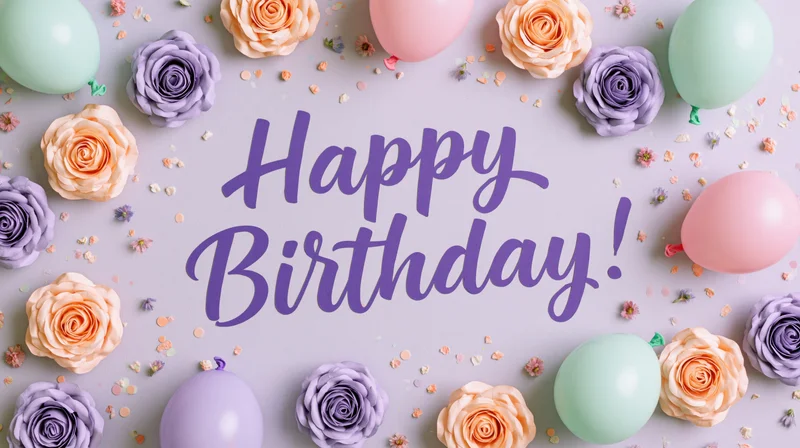 Flat lay birthday greeting card with script text and floral balloon decoration