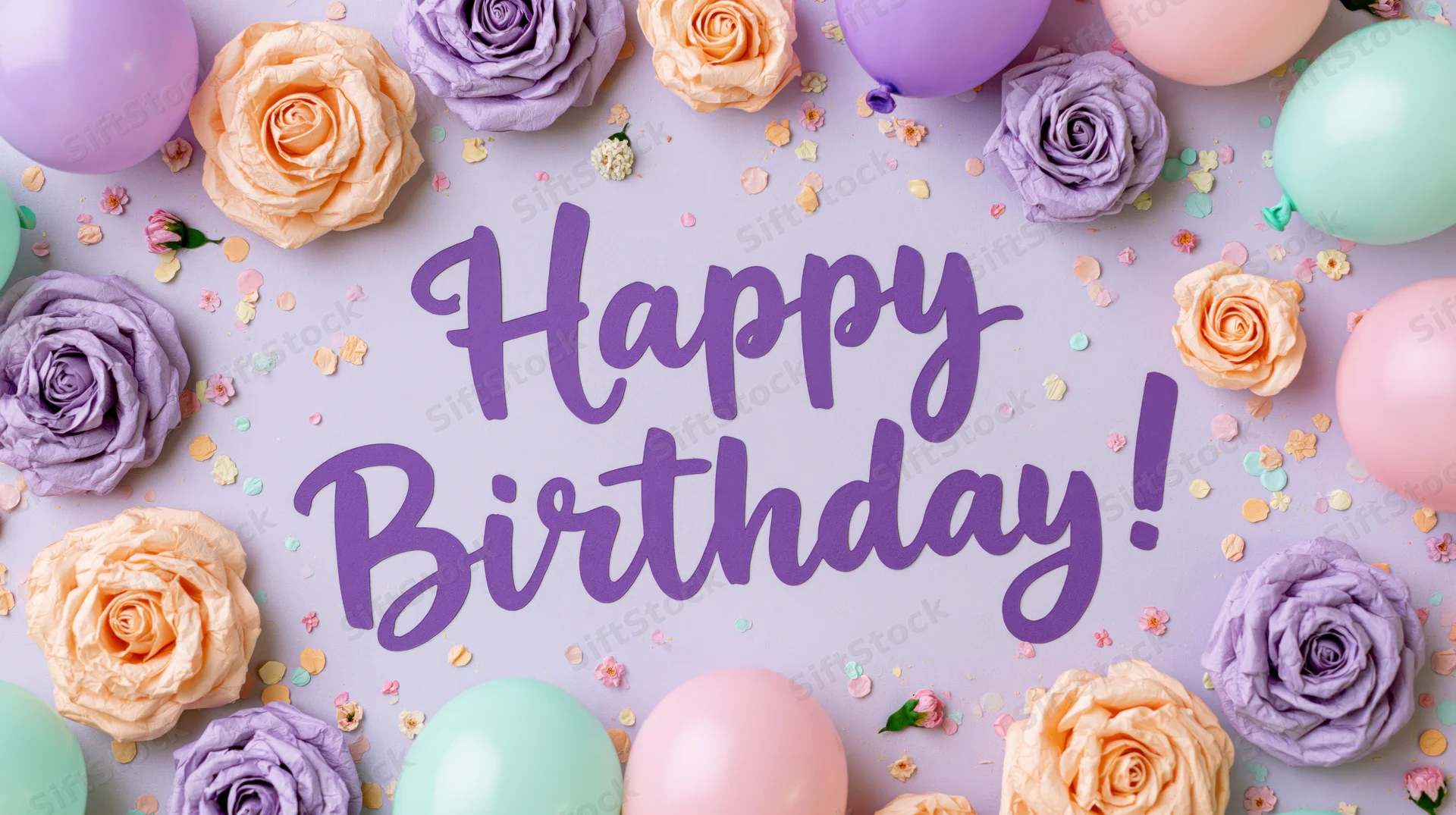 Flat lay birthday greeting card with happy birthday text surrounded by roses, balloons and confetti on pastel background