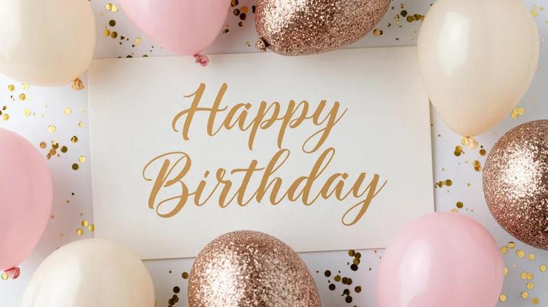 Flat lay birthday greeting card with gold script text surrounded by pink and cream balloons and gold confetti on white surface