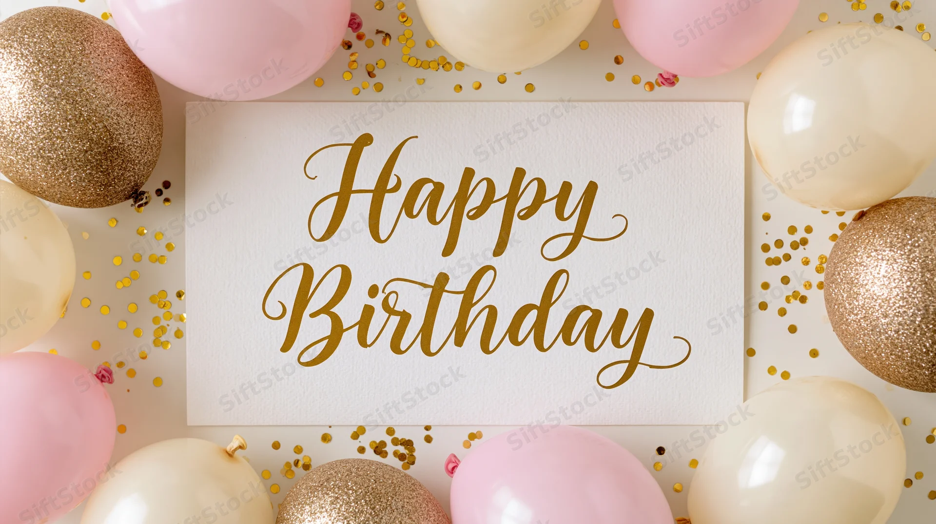 Flat lay birthday greeting card with gold script text surrounded by pink and gold balloons and confetti