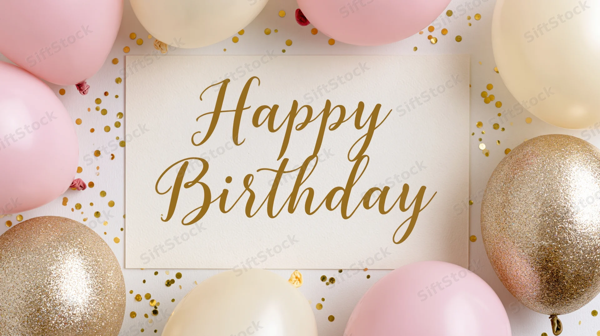 Flat lay birthday greeting card with gold script text surrounded by pink and gold balloons and confetti on white surface