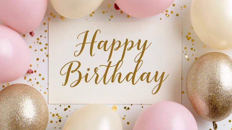 Flat lay birthday greeting card with gold script text surrounded by pink and gold balloons and confetti on white surface