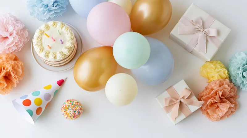 Birthday party items arranged on white surface including cake, balloons, gifts and decorations