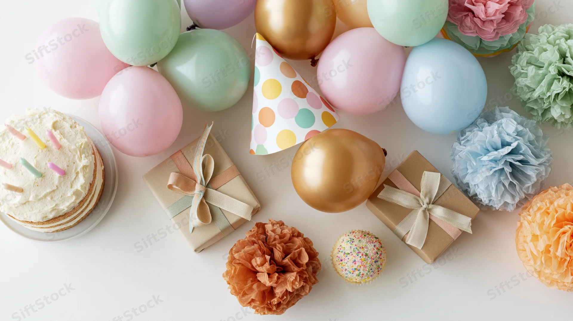 Birthday party items including cake, balloons, gifts and decorations arranged in flat lay on white surface