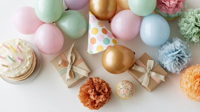 Birthday party items including cake, balloons, gifts and decorations arranged in flat lay on white surface