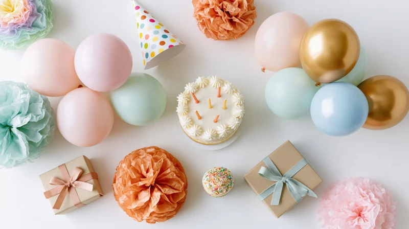 Birthday party items arranged in flat lay on white surface