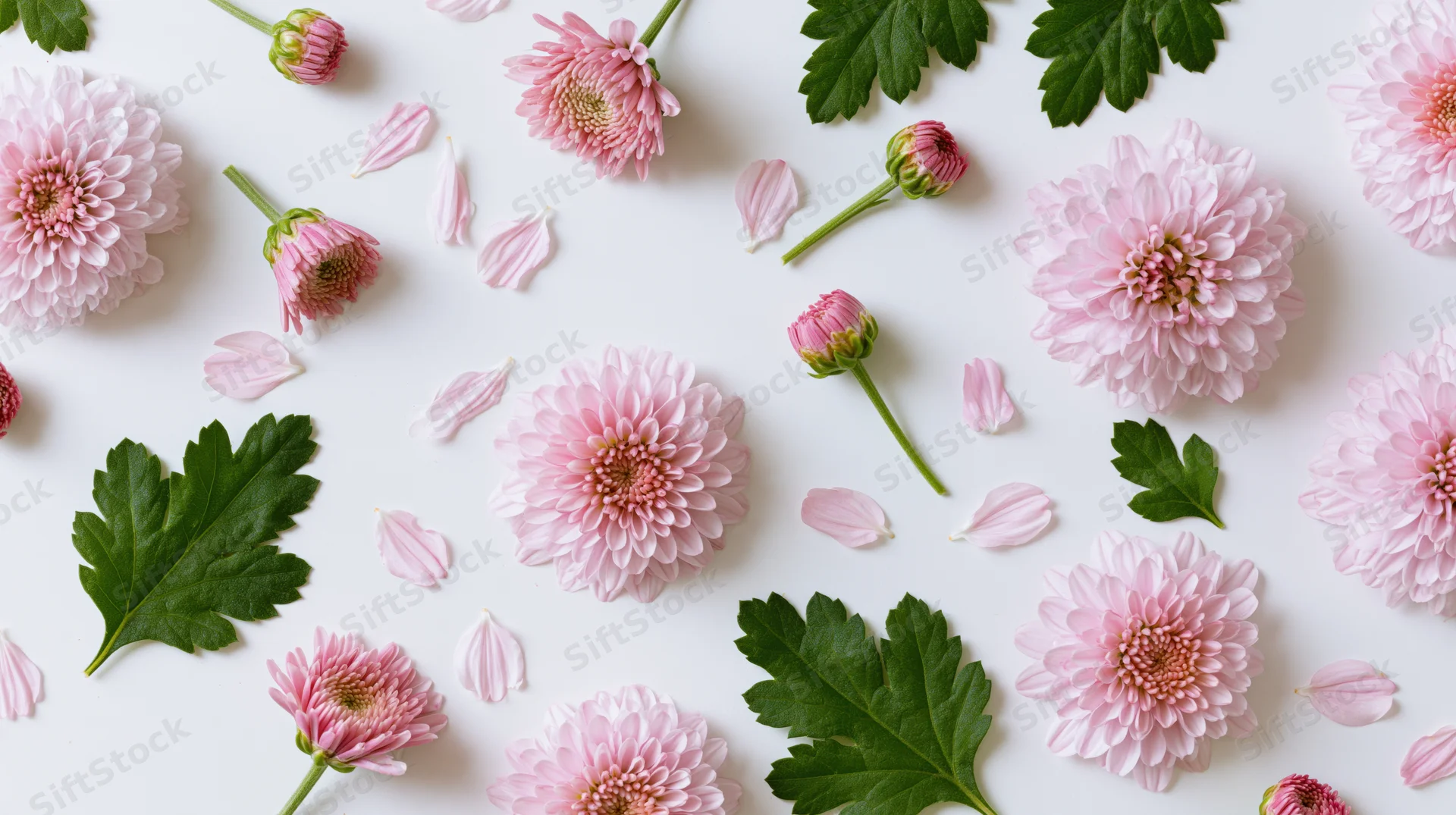 Pink chrysanthemum flowers and buds arranged with green leaves on white background in flat lay composition