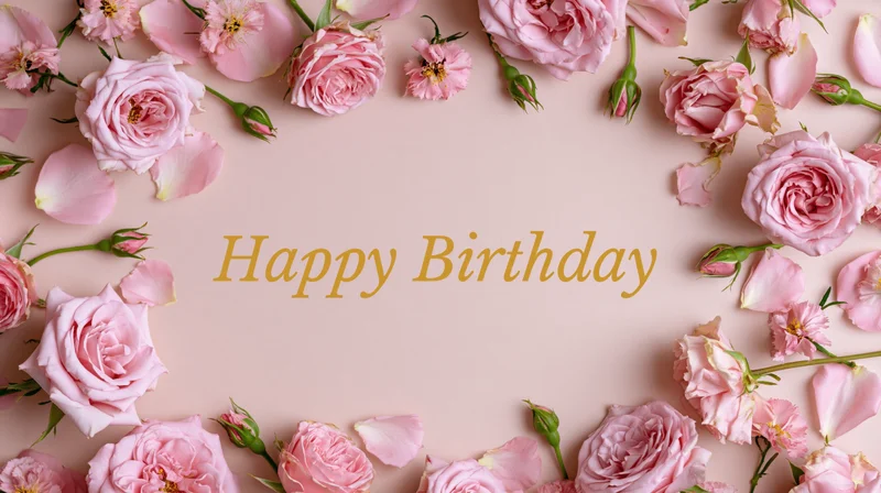 Pink roses and petals arranged in a flat lay frame around golden text reading happy birthday on a soft pink background