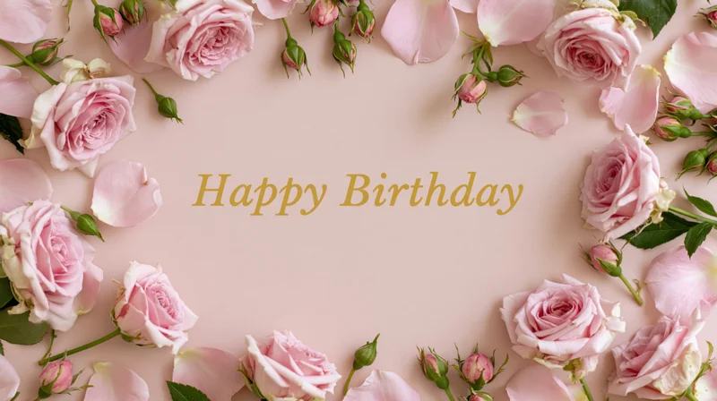 Pink roses and petals arranged in a frame around gold text reading happy birthday on a soft pink background