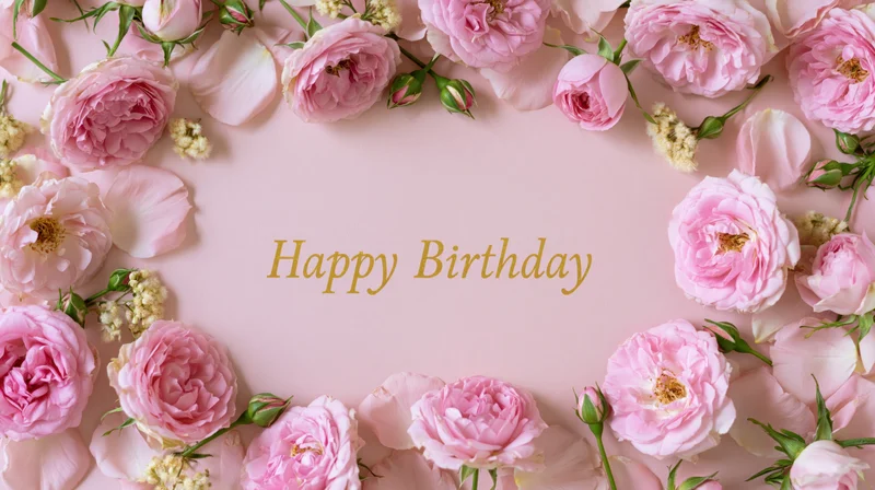 Pink roses arranged in a circular frame around golden happy birthday text on a soft pink background