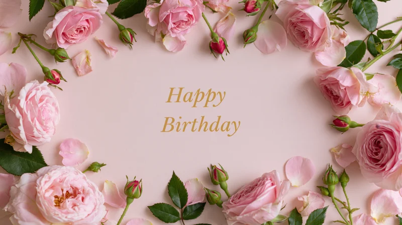 Pink roses and green leaves arranged in a flat lay frame around gold text reading happy birthday on a soft pink background