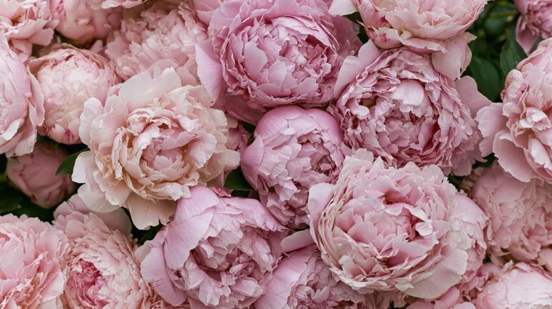 Flat lay of pink peonies in various stages of blooming