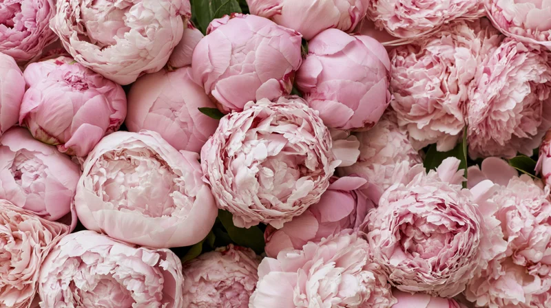 Densely packed pink peonies in various stages of bloom filling the frame